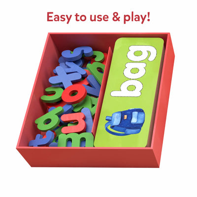Red box with colorful letter tiles and a green flashcard with bag and backpack image