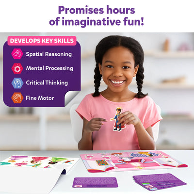 Young child playing with the colorful Sticker Stories Unicorns & Princesses Educational Puzzle Kit