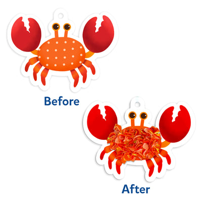 Two-panel craft project of a crab with polka dot body and ruffled fabric cover for Kids