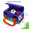 Blue fabric sports bag shown open with plush soccer, basketball, and cricket balls inside. Measurement arrows indicate product dimensions, showing a length of 21 cm and height and depth of 10 cm each. The bag features red carry handles, printed sports graphics on the sides, and visible Velcro tabs, clearly illustrating size and structure.