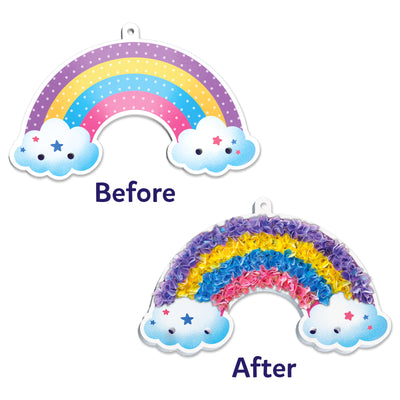 Craft kit for creating textured rainbow and cloud decorations, before and after stages