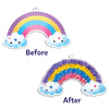 Craft kit for creating textured rainbow and cloud decorations, before and after stages
