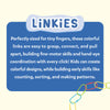 Graphic panel with the Linkies logo at the top and a large blue text box explaining product benefits. The text describes links sized for tiny fingers that are easy to grasp, connect, and pull apart, supporting fine motor skills, hand-eye coordination, counting, sorting, and patterning. A small chain of colorful links appears at the bottom right as a visual accent.
