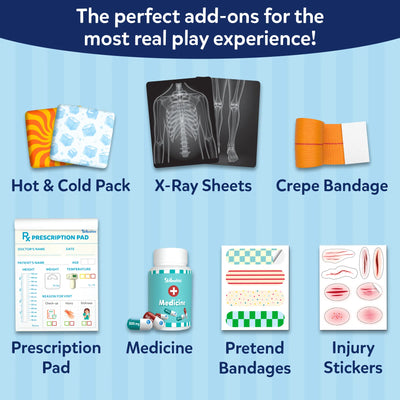Product overview of additional Skillmatics Doctor Set accessories arranged on a blue background. Included items feature hot and cold packs, X-ray sheets, crepe bandage, prescription pad, medicine bottle with pretend pills, colorful pretend bandages, and injury stickers designed for immersive doctor role-play.
