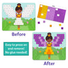 Before-and-after comparison of Skillmatics Felt Fun Fairy board. Before shows empty white grid on fairy illustration. After shows completed purple and yellow felt mosaic. Labeled Fairy felt sheet with loose squares shown. Teal box reads Easy to press on and remove, No glue needed.