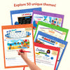 Sentence Sprouts activity pages fanned out showing six themes: At School, Cleaning Day, At the Beach, At Home, Race Day, and Emotions. Child's hand writes on the beach worksheet. Prompts cover descriptive, imaginative writing, synonyms, and tenses. Text: Explore 50 unique themes.