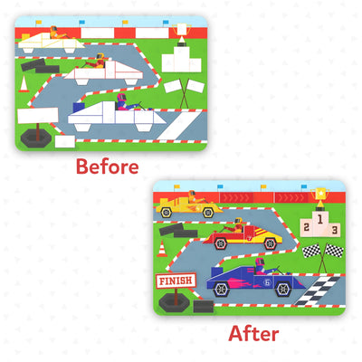Two-part puzzle set of a race track scene with cars, finish line, and winner’s podium