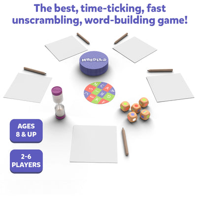 Muddled fast-paced word building game for 2-6 players with timer dice and writing tools