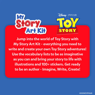 Skillmatics Disney Pixar Toy Story My Story Art Kit product description on a blue background. A red rounded rectangle displays bold white text inviting kids to write their own Toy Story adventures using vocabulary lists and 100+ stickers. "My Story Art Kit" and "Toy Story" logos appear at the top. Copyright Disney Pixar shown at bottom right.
