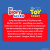 Skillmatics Disney Pixar Toy Story My Story Art Kit product description on a blue background. A red rounded rectangle displays bold white text inviting kids to write their own Toy Story adventures using vocabulary lists and 100+ stickers. 