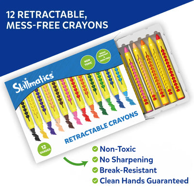 Close-up of Skillmatics retractable crayons featuring a pack of 12 vibrant shades with an open storage tray displaying the crayons. The image highlights non-toxic materials, break-resistant construction, mess-free coloring, no sharpening required and clean hands after use.