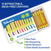 Close-up of Skillmatics retractable crayons featuring a pack of 12 vibrant shades with an open storage tray displaying the crayons. The image highlights non-toxic materials, break-resistant construction, mess-free coloring, no sharpening required and clean hands after use.