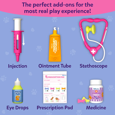 Display of Skillmatics Vet Set pretend veterinary accessories, including a toy injection syringe, pop-up ointment tube, pink stethoscope, eye drops bottle, prescription pad, and medicine bottle with toy tablets. The realistic play tools encourage interactive role-play and storytelling.