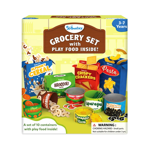 Skillmatics grocery set with 10 play food containers for realistic pretend play ages 3-7