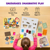 Overhead view of a child creating a Fab Tabs sensory art project using fabric texture pieces, picture boards, and peel-and-stick tabs. Icons emphasize screen-free fun, sensory stimulation, and suitability for ages 4+, while the workspace displays colorful materials for imaginative play and creative design.