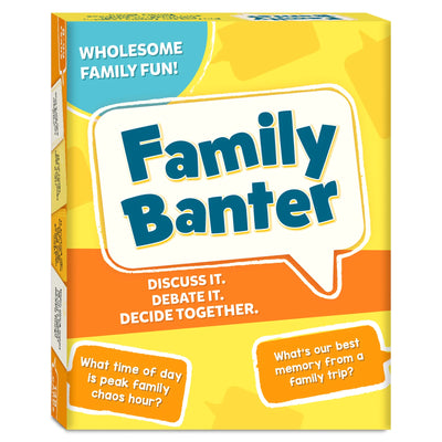 Angled front view of Skillmatics Family Banter card game box on a yellow and orange background. Four illustrated characters in teal shirts express surprise, laughter, and curiosity. Two orange speech bubbles show sample questions: What time of day is peak family chaos hour and What's our best memory from a family trip. Center speech bubble displays the game title. Tagline reads Discuss It, Debate It, Decide Together.