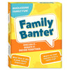 Angled front view of Skillmatics Family Banter card game box on a yellow and orange background. Four illustrated characters in teal shirts express surprise, laughter, and curiosity. Two orange speech bubbles show sample questions: What time of day is peak family chaos hour and What's our best memory from a family trip. Center speech bubble displays the game title. Tagline reads Discuss It, Debate It, Decide Together.
