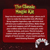 A detailed description of The Classic Magic Kit, with a focus on its versatility and fun. The box features an engaging red background with sparkling effects, and an enticing description in a box: 'Step into the world of classic magic!' The text highlights the fun and skill development offered by the kit, including learning tricks like making objects vanish, performing levitation, and using special tools like custom cards, pro tools, and sleight-of-hand secrets.
