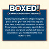 An image showing the gameplay instructions for Skillmatics Boxed! The text explains the rules of the game: players take turns placing different-shaped magnetic pieces on a grid, aiming to build boxes or block their opponent’s moves. Each box claimed earns a point. The instructions emphasize strategic decision-making, encouraging players to use their pieces wisely to capture the most boxes and win the game.