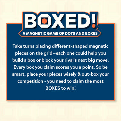 An image showing the gameplay instructions for Skillmatics Boxed! The text explains the rules of the game: players take turns placing different-shaped magnetic pieces on a grid, aiming to build boxes or block their opponent’s moves. Each box claimed earns a point. The instructions emphasize strategic decision-making, encouraging players to use their pieces wisely to capture the most boxes and win the game.