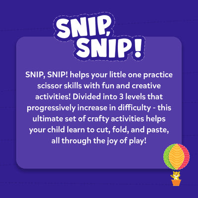 Purple and dark purple infographic on scissor skills activities for children in Snip Snip Kit