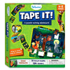 Front view of Skillmatics Tape It! Animal Adventures game box for ages 4–8 years. The green box shows a forest-themed puzzle scene with animals like a fox, raccoon, owl, and wolf, along with colourful tape roll visuals. Text highlights “Easy to stick. Easy to remove!” and product features — 16 picture puzzles and 150+ stickers. The Skillmatics logo and age range are visible on the top, with a warning for small parts.