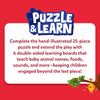 Skillmatics Puzzle & Learn feature graphic explaining that the set includes a hand-illustrated 25-piece farm animals puzzle and 6 double-sided learning boards covering baby animal names, foods, sounds and more, extending educational play beyond completing the puzzle.