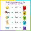 Instructional graphic showing how picture pieces match vowel sounds using visual examples. A star labeled “star” is placed into the red cup marked a, a den into the yellow e cup, a fish into the green i cup, a bow into the blue o cup, and a tiger cub into the purple u cup. Arrows guide the process, clearly illustrating vowel sound identification and phonics sorting.
