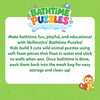 Skillmatics Bathtime Puzzles information graphic with a colorful logo on a green bubble-themed background. Text explains that children build three wild animal puzzles using soft foam pieces that float in water, stick to wet walls, and store neatly in the included mesh bag after bath time.