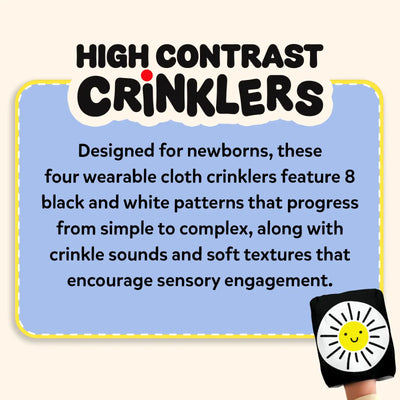 Skillmatics High Contrast Crinklers panel with title and newborn sensory development focus. Shows benefits: cognitive abilities, visual development, focus & attention, visual tracking & eye coordination, auditory development. 