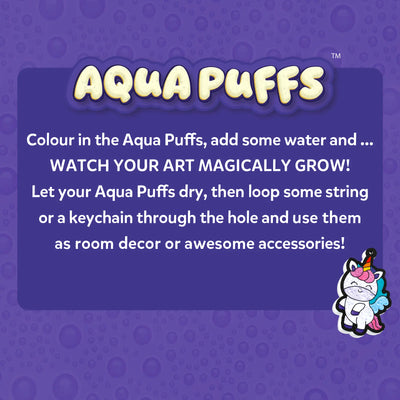Instructions for using Aqua Puffs colorful water-activated art pieces for decor or accessories