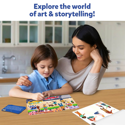 Child and adult creating art and storytelling with Sticker Stories Adventures Around Town kit