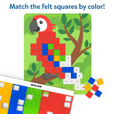 Close-up of a macaw picture board partially filled with colorful felt squares matched to dotted color guides. The red bird sits on a branch with a tree in the background. A strip of felt squares labeled “MACAW” and loose red, blue, green, and yellow pieces appear below. Text reads “Match the felt squares by color!”