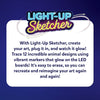 Light-Up Sketcher promotional graphic on a dark blue background, headed “LIGHT-UP Sketcher.” A white rounded panel explains tracing 12 animal designs with vibrant neon markers on LED boards, easy erasing, and repeated creativity through drawing and redecorating.