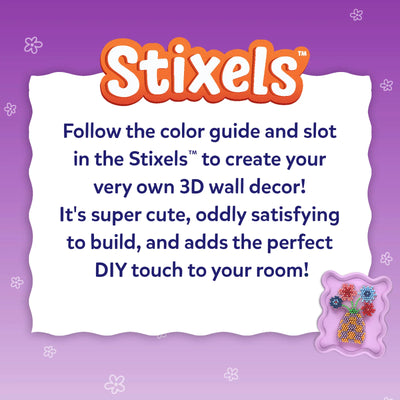 Promotional panel for the Skillmatics Stixels Flower Vase craft kit explaining that children follow a color guide and insert colorful Stixels into a transparent base to create a 3D flower vase wall décor piece. The layout features the Stixels logo, decorative floral accents, and a thumbnail of the completed artwork.