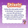 Promotional panel for the Skillmatics Stixels Flower Vase craft kit explaining that children follow a color guide and insert colorful Stixels into a transparent base to create a 3D flower vase wall décor piece. The layout features the Stixels logo, decorative floral accents, and a thumbnail of the completed artwork.