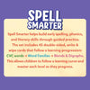 Informational panel titled “Spell Smarter” explaining that the set builds early spelling, phonics, and literacy through guided practice. Text describes 45 double-sided write-and-wipe cards following a structured progression: CVC words to Word Families to Blends and Digraphs, helping children follow a learning curve and master each level.