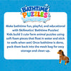 Skillmatics Bathtime Puzzles promotional graphic featuring the colorful product logo and product description. The image explains that children build three farm animal puzzles using soft foam pieces that float in water, stick to wet walls, and store neatly in the included mesh bag after bath time.