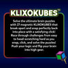 Klixokubes product information graphic featuring the logo above a description of the magnetic puzzle game. The design explains how 27 magnetic cubes separate and snap together to solve challenges ranging from easy to difficult, with a colorful cube illustration and glowing accents in the corner.