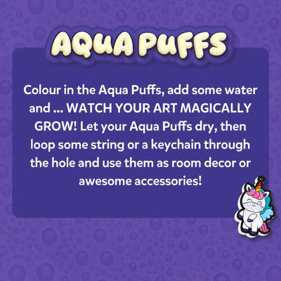 Instructions for using Aqua Puffs colorful water-activated art pieces for decor or accessories