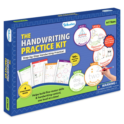 Angled view of Skillmatics The Handwriting Practice Kit box showing four learning levels: patterns, uppercase and lowercase letters, numbers, and CVC words. Sample workbook pages, a “100+ practice pages” badge, and skill-building icons appear on a blue background. The packaging highlights step-by-step learning for ages 4–7.