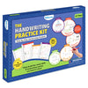 Angled view of Skillmatics The Handwriting Practice Kit box showing four learning levels: patterns, uppercase and lowercase letters, numbers, and CVC words. Sample workbook pages, a “100+ practice pages” badge, and skill-building icons appear on a blue background. The packaging highlights step-by-step learning for ages 4–7.