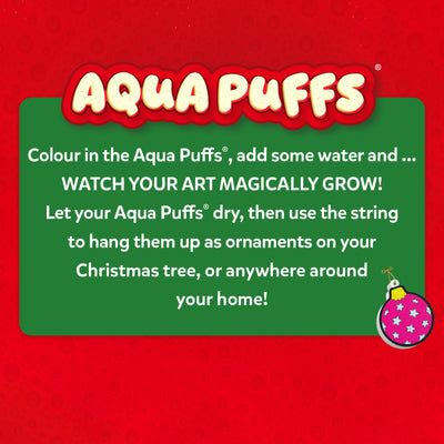 Skillmatics Aqua Puffs instruction graphic showing the creative process. The image features the Aqua Puffs logo and explains colouring the designs, adding water, watching the art grow, drying the pieces, and using string to hang them as Christmas tree ornaments. A pink star-pattern bauble is shown as an example.