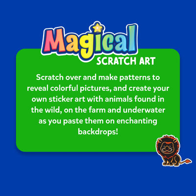 Travel friendly magical scratch art book with animal stickers and backdrops for kids