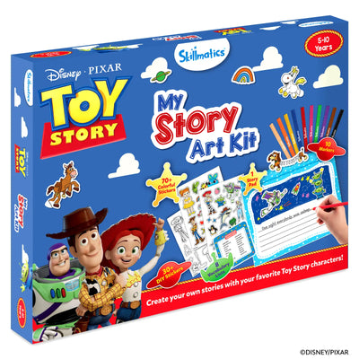 Skillmatics Disney Pixar Toy Story My Story Art Kit box shown at an angle on white background for ages 5–10 years. Box displays kit contents: 70+ colorful stickers, 30+ DIY stickers, 1 story pad, 10 markers, and 8 vocabulary lists. Bottom text reads "Create your own stories with your favorite Toy Story characters!" Skillmatics logo at top.