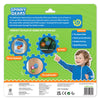 Back-of-pack design for Skillmatics Spinny Gears – Animal Fun. Shows how the toy can be played with on different surfaces such as airplane windows, car windows, and cupboards. Includes icons listing key skills developed: fine motor skills, hand-eye coordination, problem solving, and spatial reasoning. A smiling child points toward the gears.