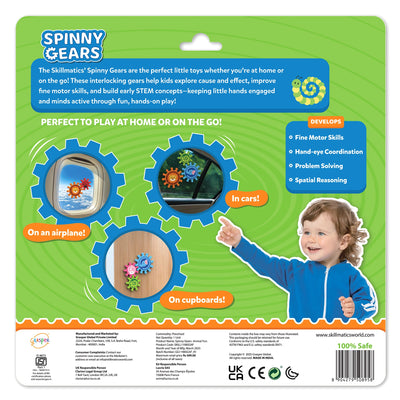 Back-of-pack design for Skillmatics Spinny Gears – Animal Fun. Shows how the toy can be played with on different surfaces such as airplane windows, car windows, and cupboards. Includes icons listing key skills developed: fine motor skills, hand-eye coordination, problem solving, and spatial reasoning. A smiling child points toward the gears.