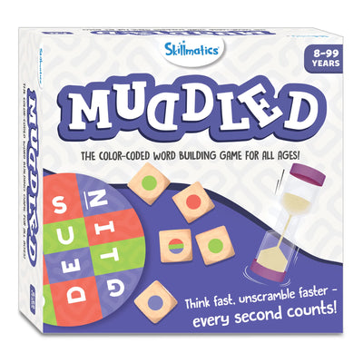 Colorful game pieces and hourglass timer on Muddled fast-paced word-building board game