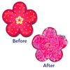 Red flower-shaped crafts with polka dots and ruffled pink fabric for kids’ art project
