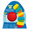 The back of the Build And Bop toy packaging displays the logo at the top, a description of how toddlers stack colourful wobbly pieces and knock them down with a ball, and a large red soft ball centered in the layout. On the left, icons list skill benefits such as 'gross motor', 'fine motor', 'problem-solving', and 'hand-eye coordination'. On the right, five wobbly pieces are stacked, and manufacturing and safety information appears along the bottom.